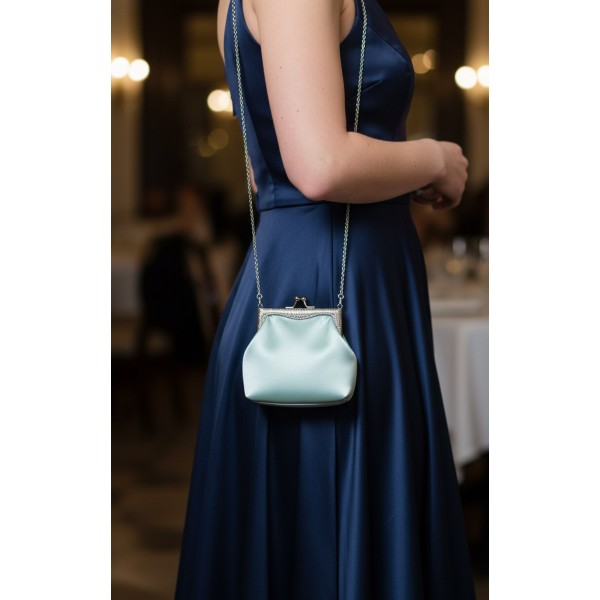 Evening Bag Satin w/ Crystal Accented Metal Frame - Light Blue - BG-40025LBL